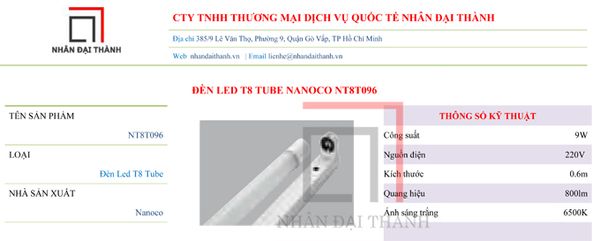 Thông số kỹ thuật của Đèn Led T8 Tube Nanoco NT8T096