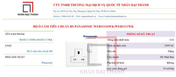 Thông số kỹ thuật của Bộ ổ cắm tiêu chuẩn BS Panasonic WEB1111SWK