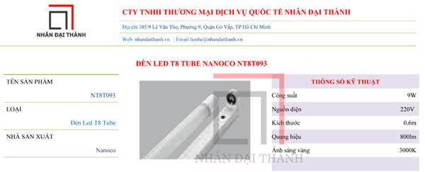 Thông số kỹ thuật của Đèn Led T8 Tube Nanoco NT8T093
