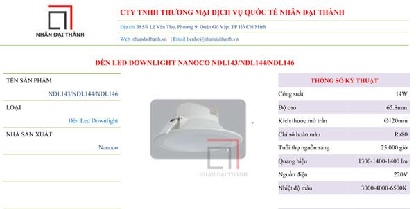 Thông số kỹ thuật của Đèn Led Downlight Panasonic NDL143/NDL144/NDL146