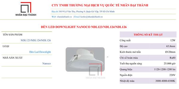 Thông số kỹ thuật của Đèn Led Downlight Nanoco NDL123/NDL124/NDL126