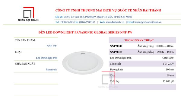 Thông số kỹ thuật của đèn Led Downlight Global Series NNP71249/NNP71259