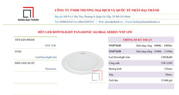 Thông số kỹ thuật của đèn Led Downlight Global Series NNP73349/NNP73359