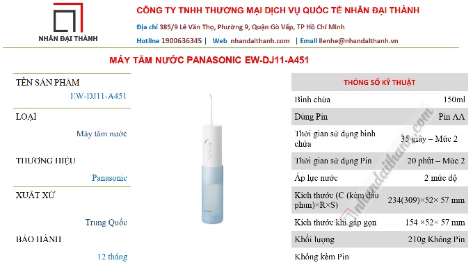 Thông số kỹ thuật của Máy tăm nước Panasonic EW-DJ11-A451