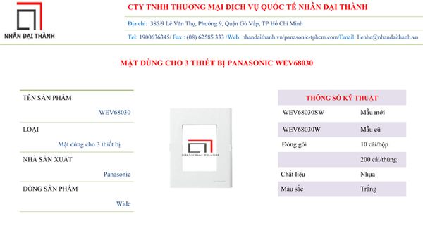 Thông số kỹ thuật của mặt dùng cho 3 thiết bị Panasonic WEV68030
