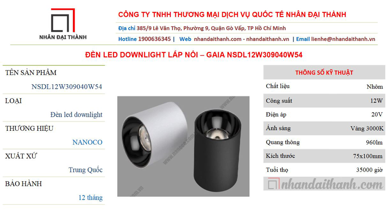 Thông số kỹ thuật của Đèn led downlight lắp nổi GAIA - NSDL12W309040W54