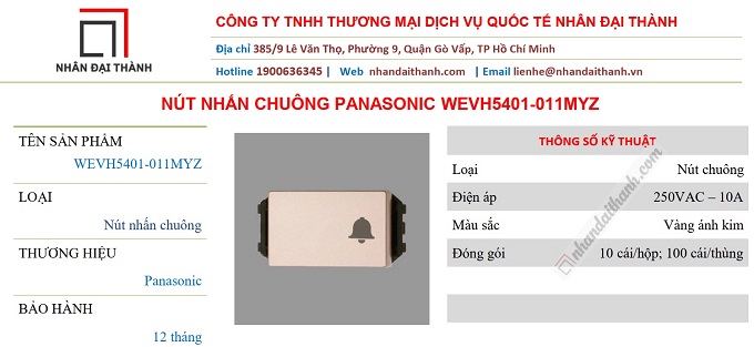 Thông số kĩ thuật Nút nhấn chuông Panasonic WEVH5401-011MYZ