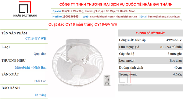 Thông số kỹ thuật Quạt đảo trần Mitsubishi CY16-GV WH