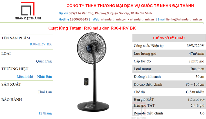 Thông số kỹ thuật Quạt lửng Tatami Mitsubishi R30-HRV BK