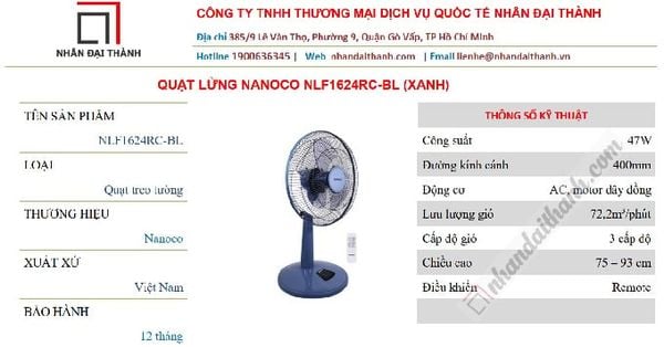 Thông số kỹ thuật của Quạt lửng Nanoco NLF1624- BL Màu xanh