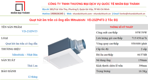 Thông số kỹ thuật của Quạt hút âm trần Mitsubishi VD-23ZP4T3