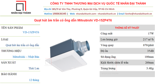 Thông số kỹ thuật của Quạt hút âm trần Mitsubishi VD-15ZP4T6
