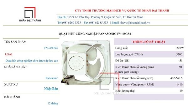 Thông số kỹ thuật quạt hút công nghiệp Panasonic FV-45GS4: