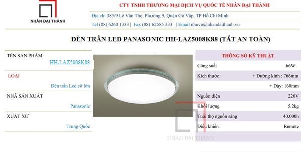 Thông số kỹ thuật của Đèn trần Led Panasonic HH-LAZ5008K88 (tắt an toàn)