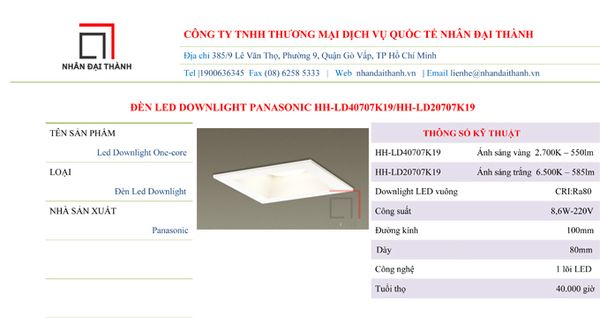 Thông số kỹ thuật của đèn LED Downlight one-core HH-LD40707K19/HH-LD20707K19