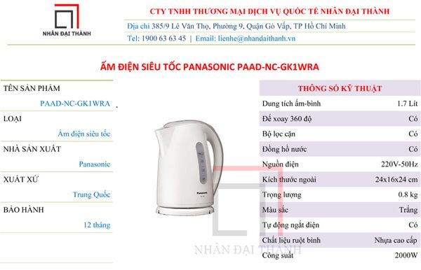 Thông số kỹ thuật của Ấm điện siêu tốc Panasonic PAAD-NC-GK1WRA