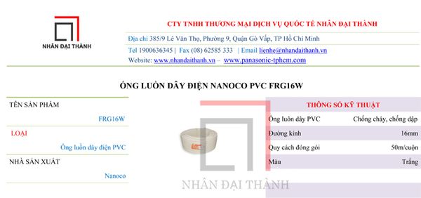 Thông số kỹ thuật của Ống luồn dây điện Nanoco PVC FRG16W