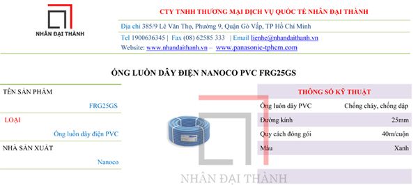 Thông số kỹ thuật của Ống luồn dây điện Nanoco PVC FRG25GS