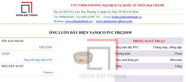 Thông số kỹ thuật của Ống luồn dây điện Nanoco PVC FPG25WS