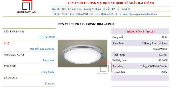 * Thông số kỹ thuật Đèn trần Led Panasonic HH-LA152819: