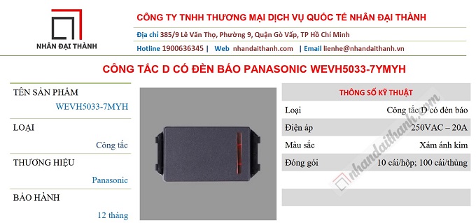 Thông số kĩ thuật Công tắc D có đèn báo Panasonic WEVH5033-7MYH