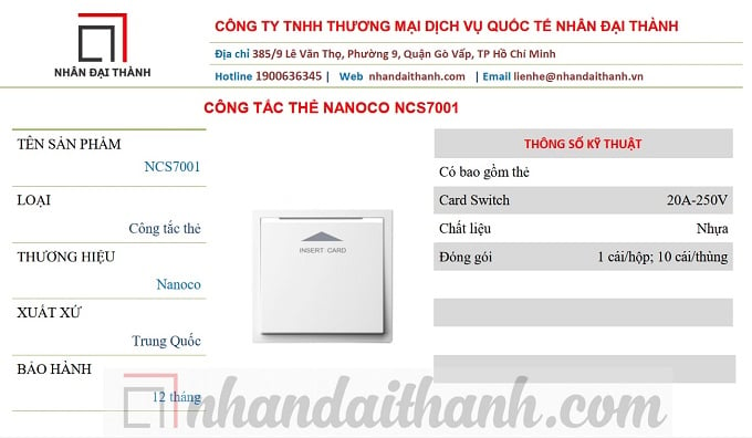 Thông số kỹ thuật Công tắc thẻ Nanoco NCS7001