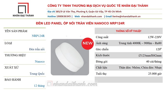 Thông số kỹ thuật của Đèn Led Panel ốp trần tràn viền Nanoco NRP124R