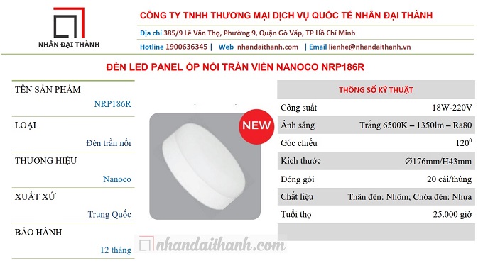 Thông số kỹ thuật của Đèn Led Panel ốp trần tràn viền Nanoco NRP186R
