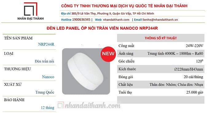 Đèn Led Panel ốp trần tràn viền Nanoco NRP244R