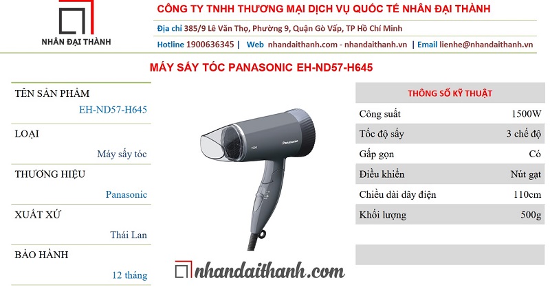 Thông số kỹ thuật của Máy sấy tóc Panasonic EH-ND57-H645