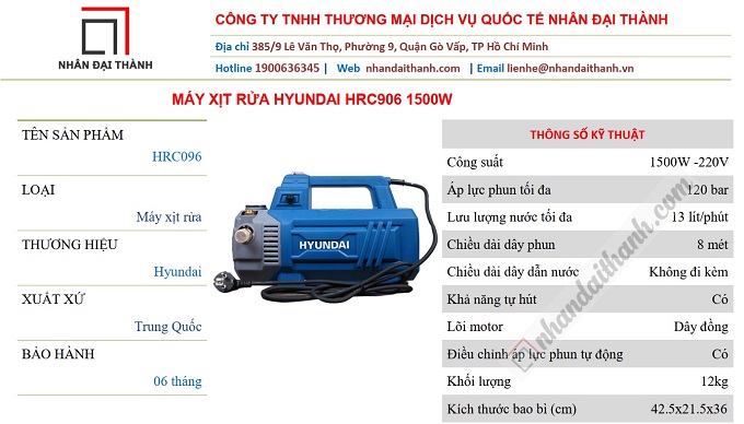 Thông số kĩ thuật Máy xịt rửa Hyundai HRC906