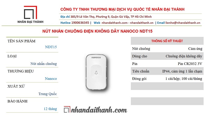 Thông số kỹ thuật của Nút nhấn chuông điện không dây Nanoco NDT15