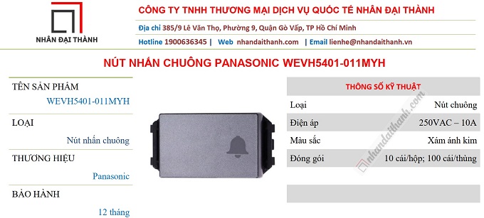 Thông số kỹ thuật của nút nhấn chuông Panasonic WEVH5401-011MYH