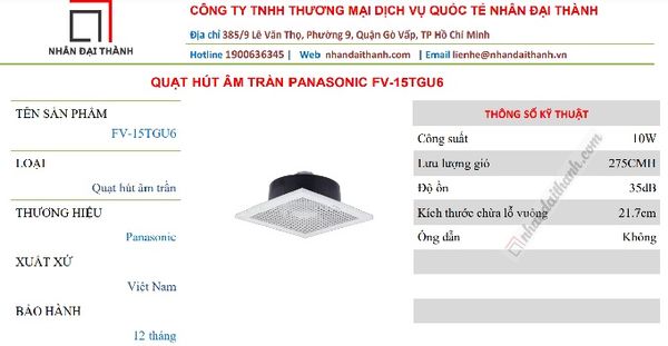 Thông số kỹ thuật Quạt hút âm trần Panasonic FV-15TGU6