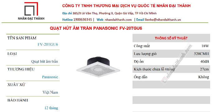 Thông số kỹ thuật Quạt hút âm trần Panasonic FV-20TGU6