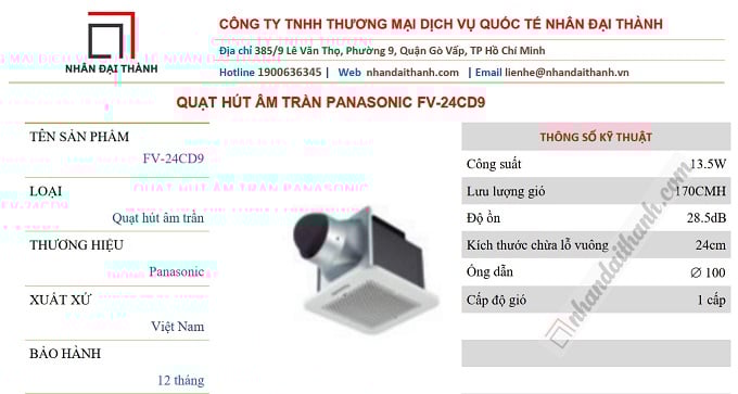 Thông số kỹ thuật Quạt hút âm trần Panasonic FV-24CD9