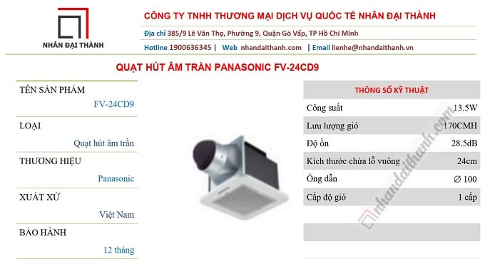 Thông số kỹ thuật Quạt hút âm trần Panasonic FV-24CD9