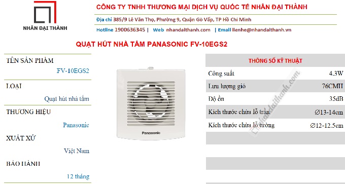 Thông số kỹ thuật Quạt hút gắn tường dân dụng Panasonic FV-10EGS2