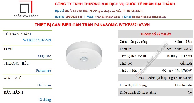 Thông số kỹ thuật của Thiết bị cảm ứng gắn trần Panasonic WTKF337107-VN