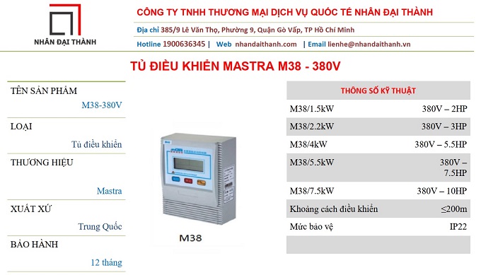 Thông số kĩ thuật Tủ điện điều khiển bơm Mastra M38 - 380V