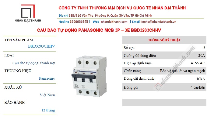 Thông số kỹ thuật của Cầu dao tự động MCB 3P 10kA Panasonic 20A BBD3203CHHV