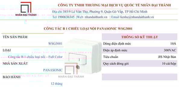 Thông số kỹ thuật của Công tắc B 1 chiều loại nổi Panasonic WSG3001