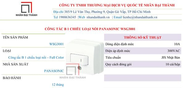 Thông số kỹ thuật của Công tắc B 1 chiều loại nổi Panasonic WSG3001