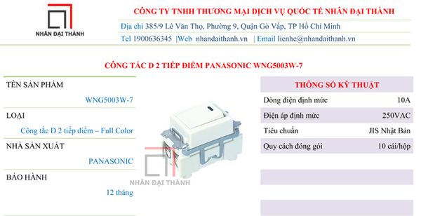 Thông số kỹ thuật của&nbsp;Công tắc D 2 tiếp điểm Panasonic WNG5003W-7