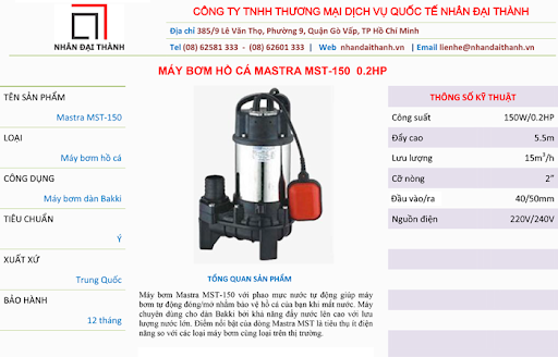 Thông số kỹ thuật của máy bơm chìm nước thải Mastra MST-150
