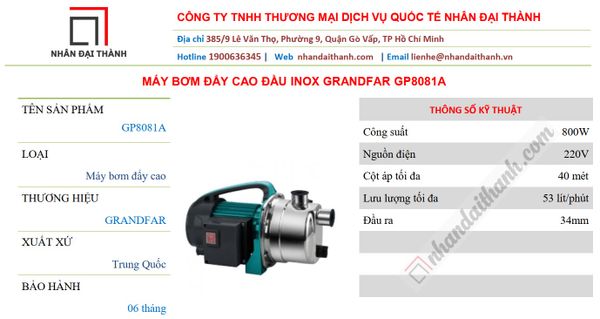 Thông số kỹ thuật của Máy bơm đẩy cao đầu inox GRANDFAR GP8081A