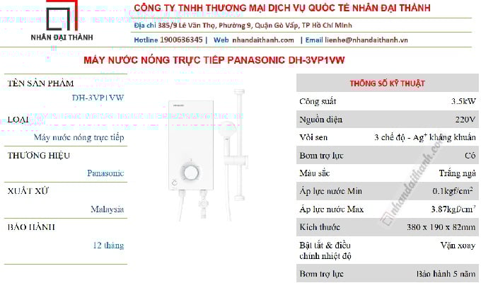Thông số kỹ thuật của Máy nước nóng trực tiếp Panasonic DH-3VP1VW