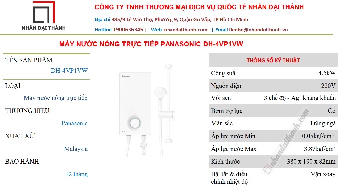 Thông số kỹ thuật của Máy nước nóng trực tiếp Panasonic DH-4VP1VW