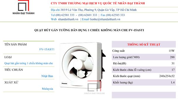 * Thông số kỹ thuật Quạt hút gắn tường dân dụng Panasonic FV-15AST1 :