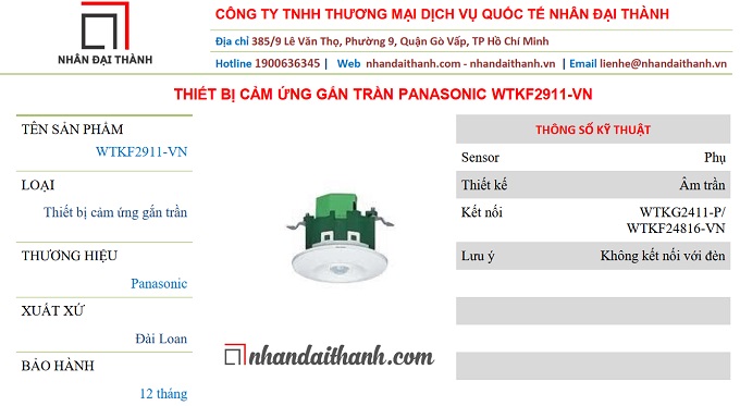 Thông số kỹ thuật Thiết bị cảm ứng gắn trần Panasonic WTKF2911-VN